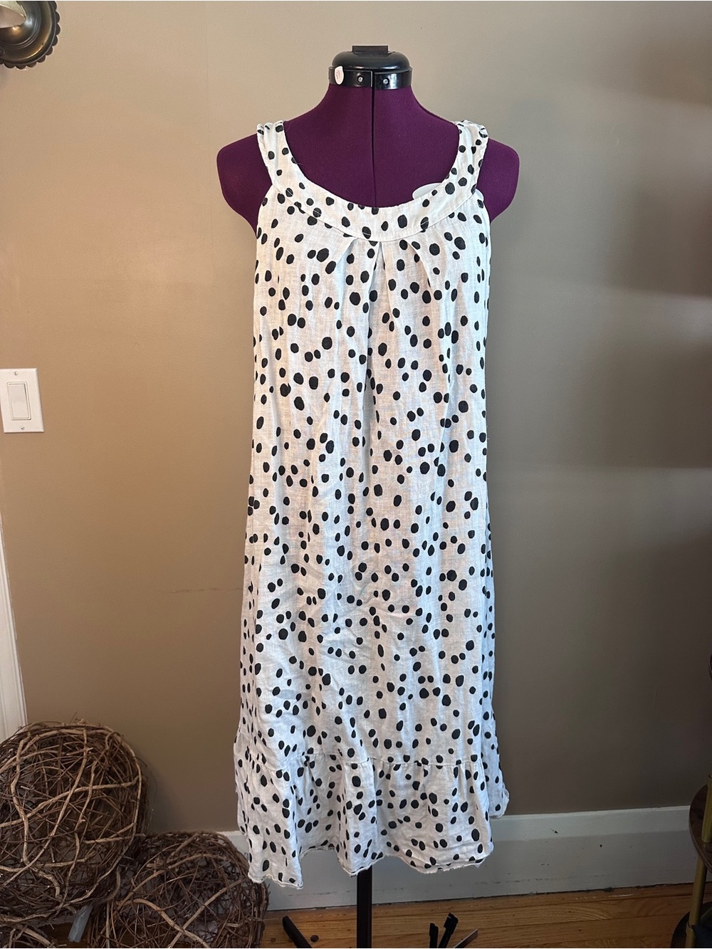 Terzo Millennio 100% Linen, Polka Dot, Sleeveless Dress, Ruffled, Summer, Beach